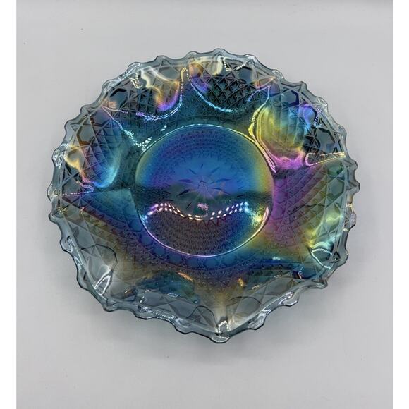 Iridescent Blue Carnival Glass Ruffled Edge Starburst Diamond Dish 10" Vintage - Picture 1 of 10